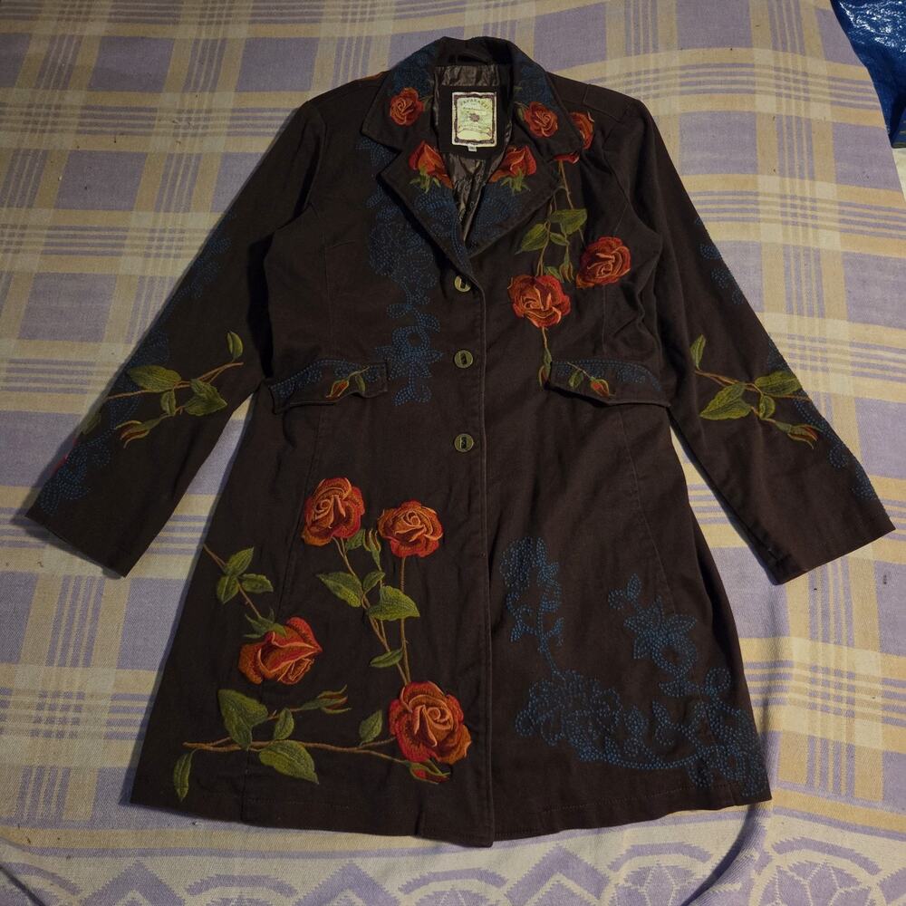 PAPARAZZI BY BIZ Floral Embroidered Art To Wear Coat Jacket Brown Womens XL